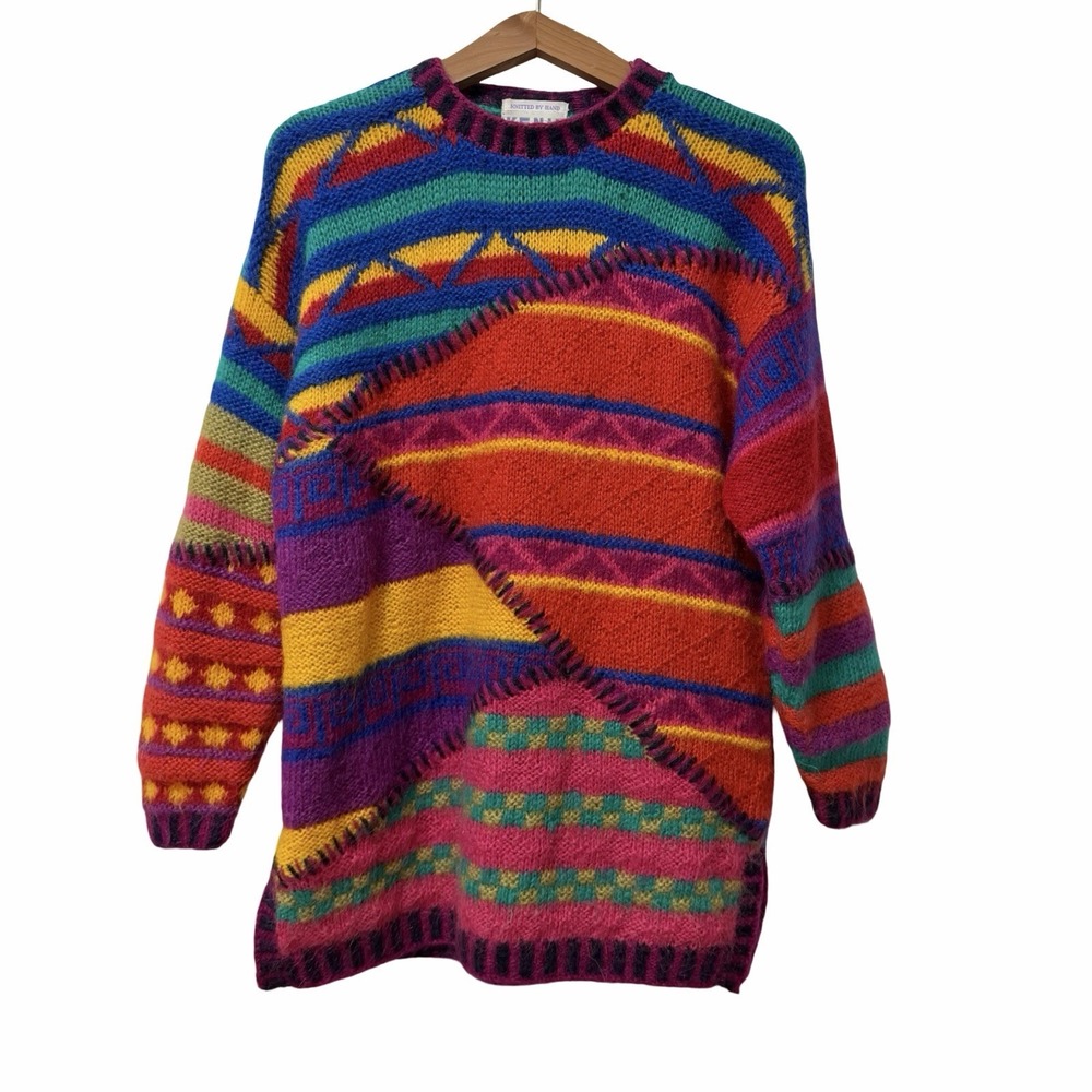 Vintage KENJI Hand Knitted Abstract Sweater Tunic Size M Multicolor Mohair RARE